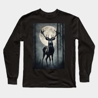 Deer in a Mysterious Dark Foggy Forest Vintage Art Long Sleeve T-Shirt